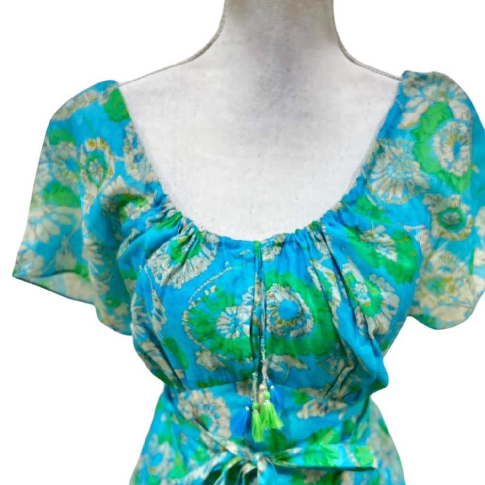 NWT Bella tu Nina Flutter-Sleeve Tie-Waist Maxi Dress Aqua Green Floral medium - Picture 7 of 16